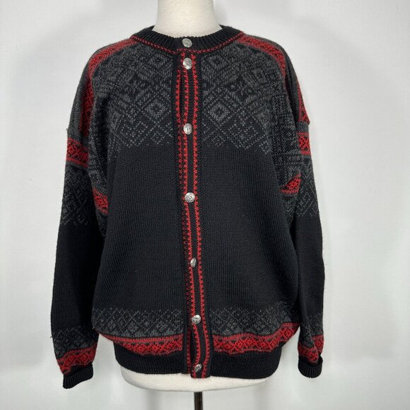 NORLENDER Knitwear Sweaters - NORLENDER Knitwear Black Red Wool Knit Fair Isle Button Cardigan Sweater Size L
